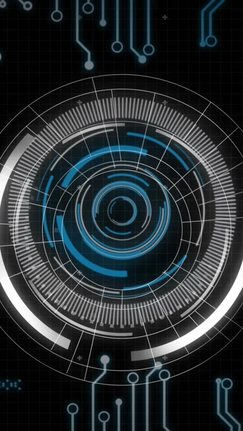 Animation of interface with round scanner, microprocessor connections and data Vidéo 321580757