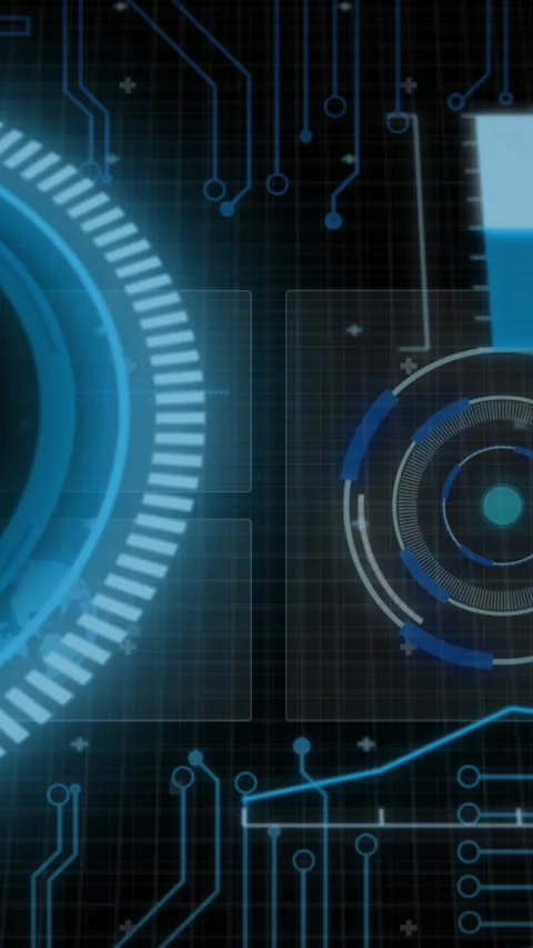 Animation of interface with round scanner, microprocessor connections and data Vídeo Stock 321580761