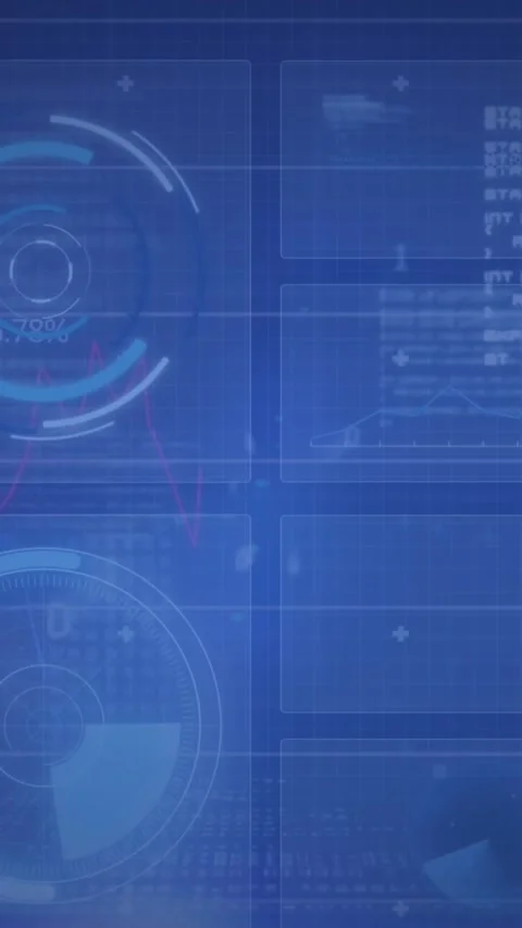 Animation of interface with round scanner, microprocessor connections and data Vídeo Stock 343615639