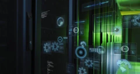 Animation of interface with round scanners and data processing against computer Stock Footage 325771500