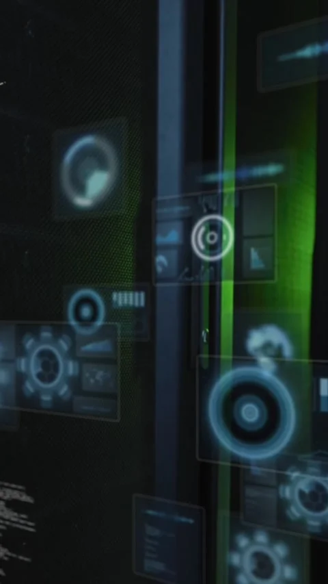 Animation of interface with round scanners and data processing against computer Stock Footage 344679044