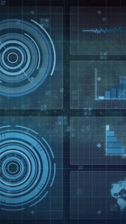 Animation of interface with round scanners and statistical data processing Stock Footage 344723226