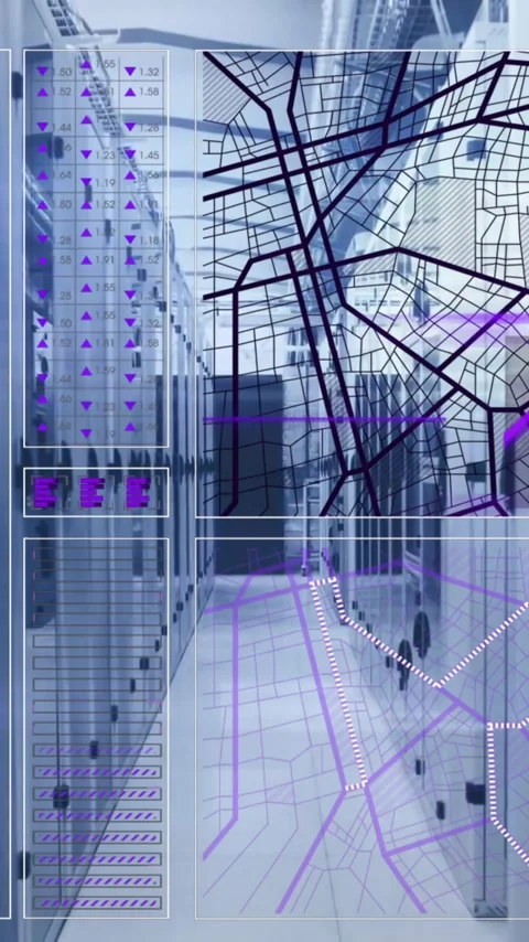 Animation of interface with scanner and street map over computer server room Stock Footage 320662987