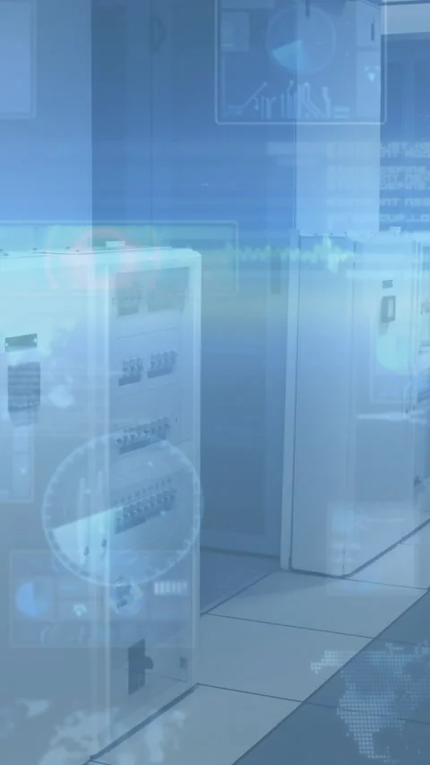 Animation of interface screens and information moving over computer server room Vídeos de archivo 331646613