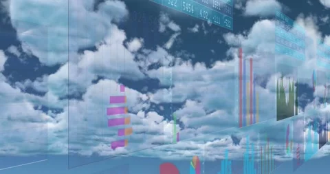 Animation of interface with statistical data processing against clouds in blue Stock Footage 328097037