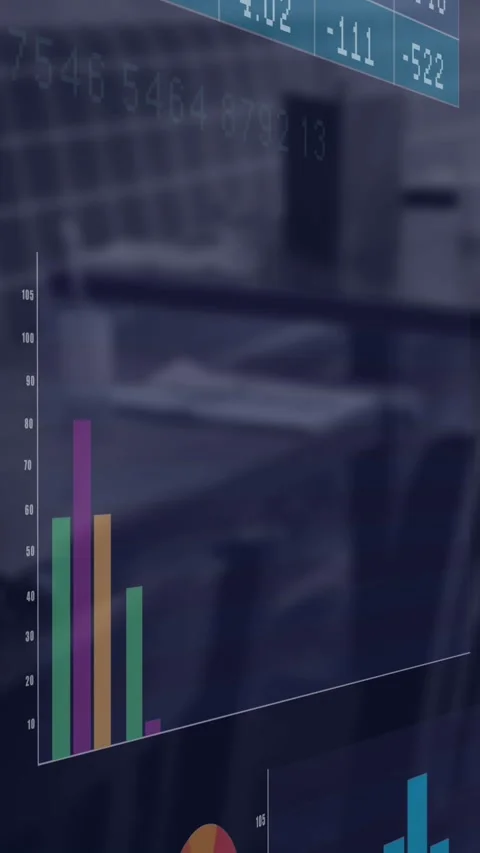 Animation of interface with statistical data processing against empty cafe at Stock Footage 344723482