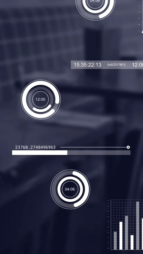 Animation of interface with statistical data processing against empty cafe at Stock Footage 344775186