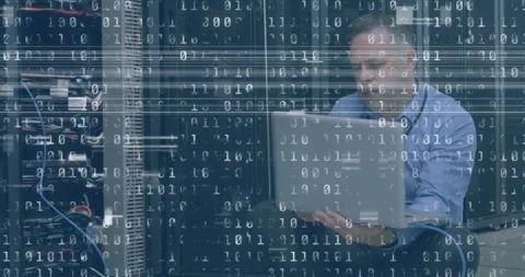 Animation of interference and binary coding over caucasian man using laptop in Stock Footage 330590535