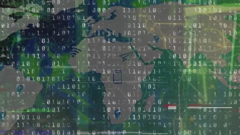 Animation of interference over data processing and world map with icons Stock Footage 329775098