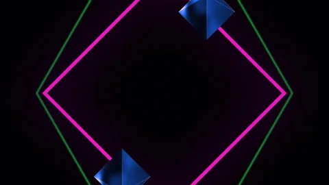 Animation of interference over green hexagon, 3d diamonds and pink neon square Stock Footage 312620935