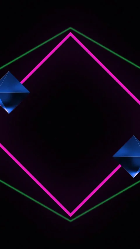 Animation of interference over green hexagon, 3d diamonds and pink neon square Stock Footage 320513310