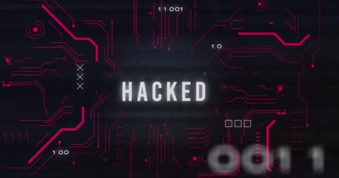 Animation of interference over hacked text, data processing and computer circuit Stock Footage 330782874