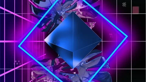 Animation of interference over leaves and neon shapes on black background Stock Footage 313330732