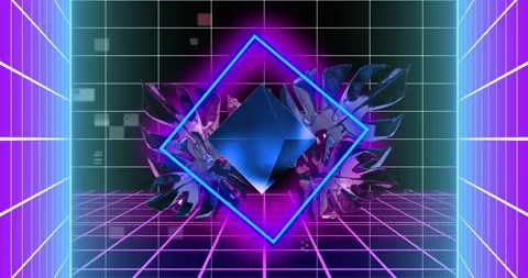 Animation of interference over leaves and neon shapes on black background Stock Footage 329222384