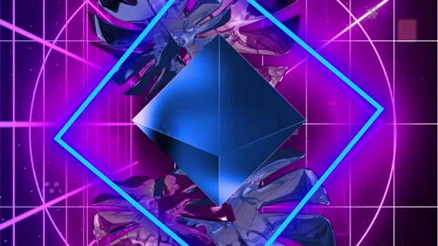 Animation of interference over neon shapes with leaves and lines on black Stock Footage 312385934