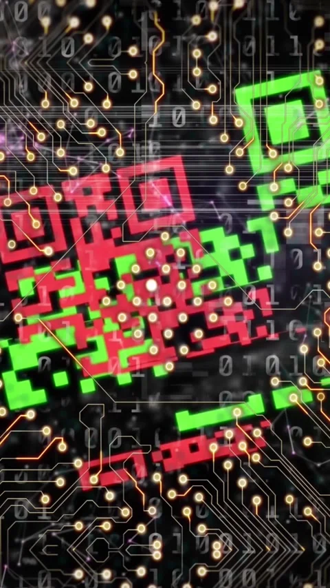 Animation of interference over qr code, computer circuit board and data Video stock 342915038