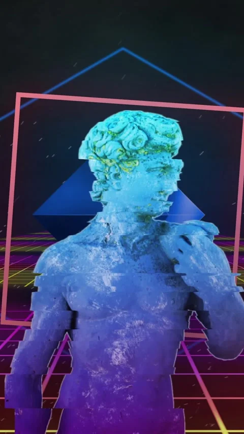 Animation of interference over sculpture with shapes and lines on black Stock Footage 323341223