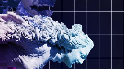 Animation of interference over sculpture with tropical leaves and over lines on Stock Footage 312533460