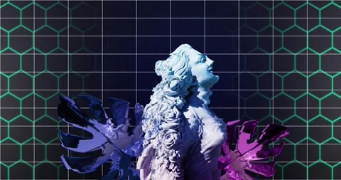 Animation of interference over sculpture with tropical leaves and over lines on Stock Footage 329711037