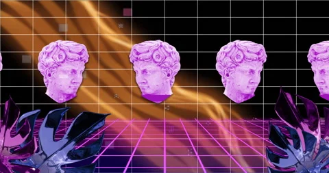 Animation of interference over shapes moving and sculptures on black background Stock Footage 310157197