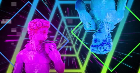 Animation of interference over shapes moving and sculptures on black background Stock Footage 310157202