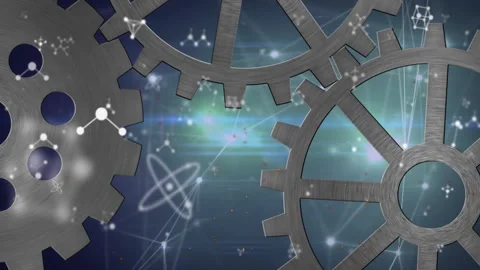 Animation of interlocking gears with molecular structures in cosmic background Stock Footage 304839145