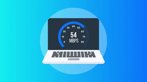 Animation of an internet speed meter on a laptop, set against a smooth gradient Stock Footage 304695015