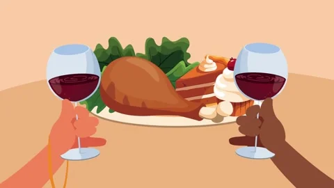 Animation of interracial hands toasting wine over thanksgiving dinner plate.. Stock Footage 339066618