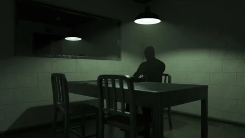 Animation of an interrogation room with dark silhouette of hancuffed man waiting Stock Footage 89583538