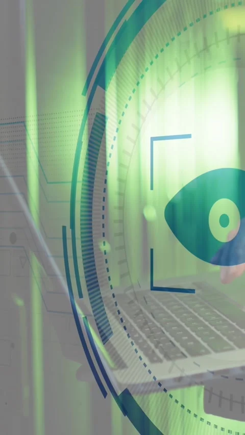 Animation of iris scanner against mid section of male engineer using laptop at Stock Footage 344679375