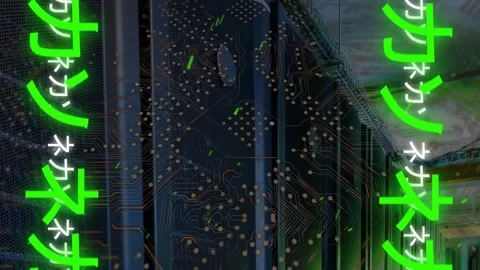 Animation of japanese writing, digital data processing and globe over computer Stock Footage 330475944