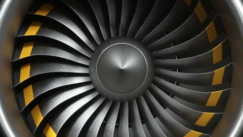 Animation jet engine, close-up view jet engine blades. Front view of a jet Stock Footage 107997114
