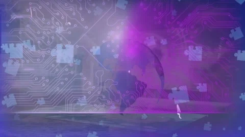 Animation of jigsaw puzzle and microprocessor connections over globe against Vídeo Stock 326038248