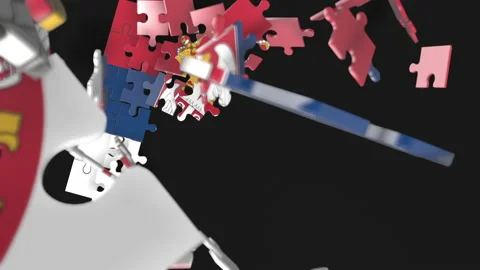 Animation of jigsaw puzzle assemble. Problem solving and completing concept.  Stock Footage 154333852