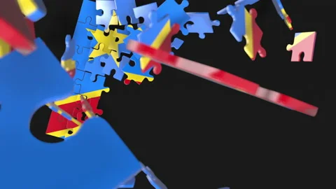 Animation of jigsaw puzzle assemble. Problem solving and completing concept.  Stock Footage 154338442