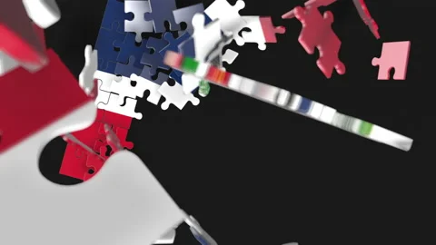 Animation of jigsaw puzzle assemble. Problem solving and completing concept.  Stock Footage 154338576
