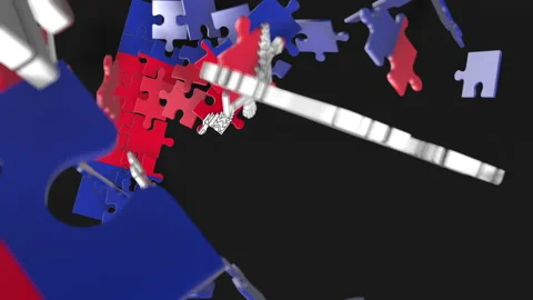 Animation of jigsaw puzzle assemble. Problem solving and completing concept.  Stock Footage 154340165