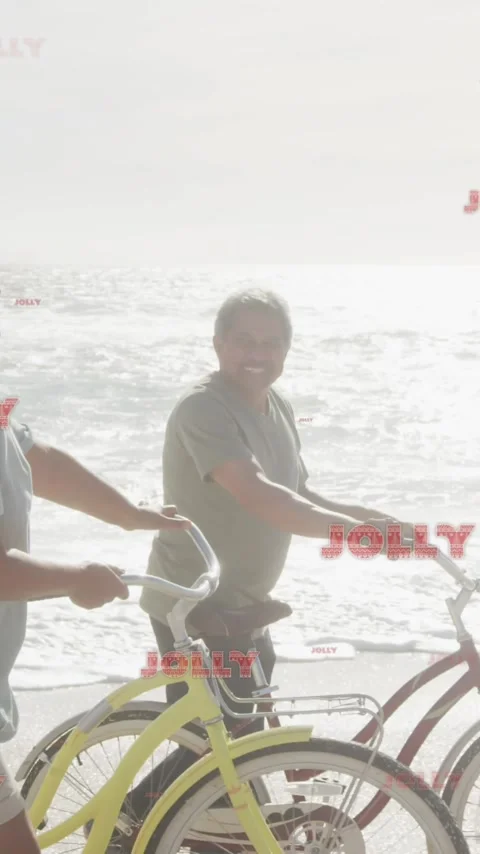 Animation of jolly texts over senior couple at beach Vídeo Stock 342704429