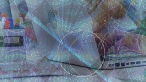 Animation of kaleidoscopic pattern and binary coding over mid section of boy Stock Footage 202074689