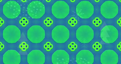 Animation of kaleidoscopic pattern over christmas tree icons and abstract shapes Stock Footage 330342032