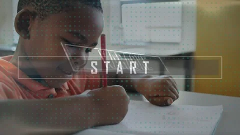 Animation of karaoke and start text over african american boy writing in book in 库存影片 329222815