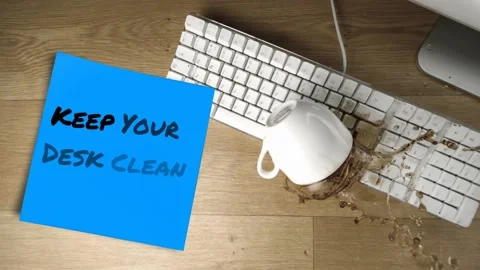 Animation of keep your desk clean text over cup of coffee and computer keyboard Stock Footage 167998801
