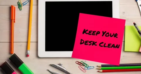 Animation of keep your desk clean text on memo note over tablet on desk Stock Footage 328405334