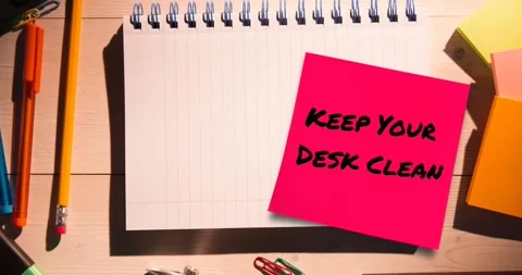 Animation of keep your desk clean text on memo note over notebook on desk Stock Footage 328585380