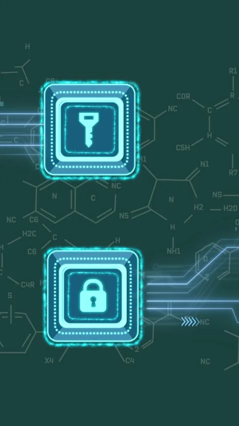 Animation of key and padlock icons over chemical formula on green background Stock Footage 343504575