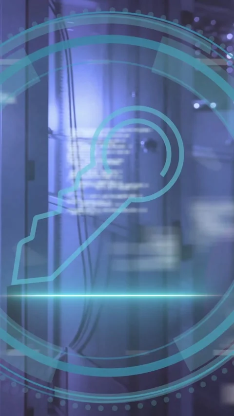 Animation of key icon and digital data processing over computer servers Stock Footage 344012142