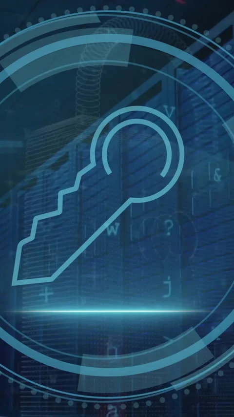 Animation of key icon and security scanner interface over processing data Stock Footage 343996777