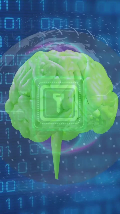 Animation of key icon, human brain, binary coding and data processing Stock Footage 320589899