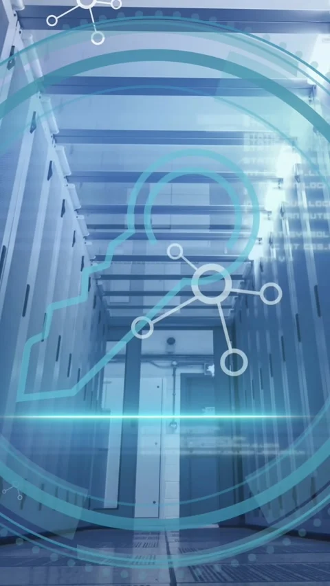 Animation of key icon over data processing and server room Vídeos de archivo 324023204