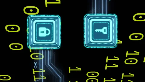 Animation of key, padlock icons, binary coding over circuit board on black Video stock 313369761